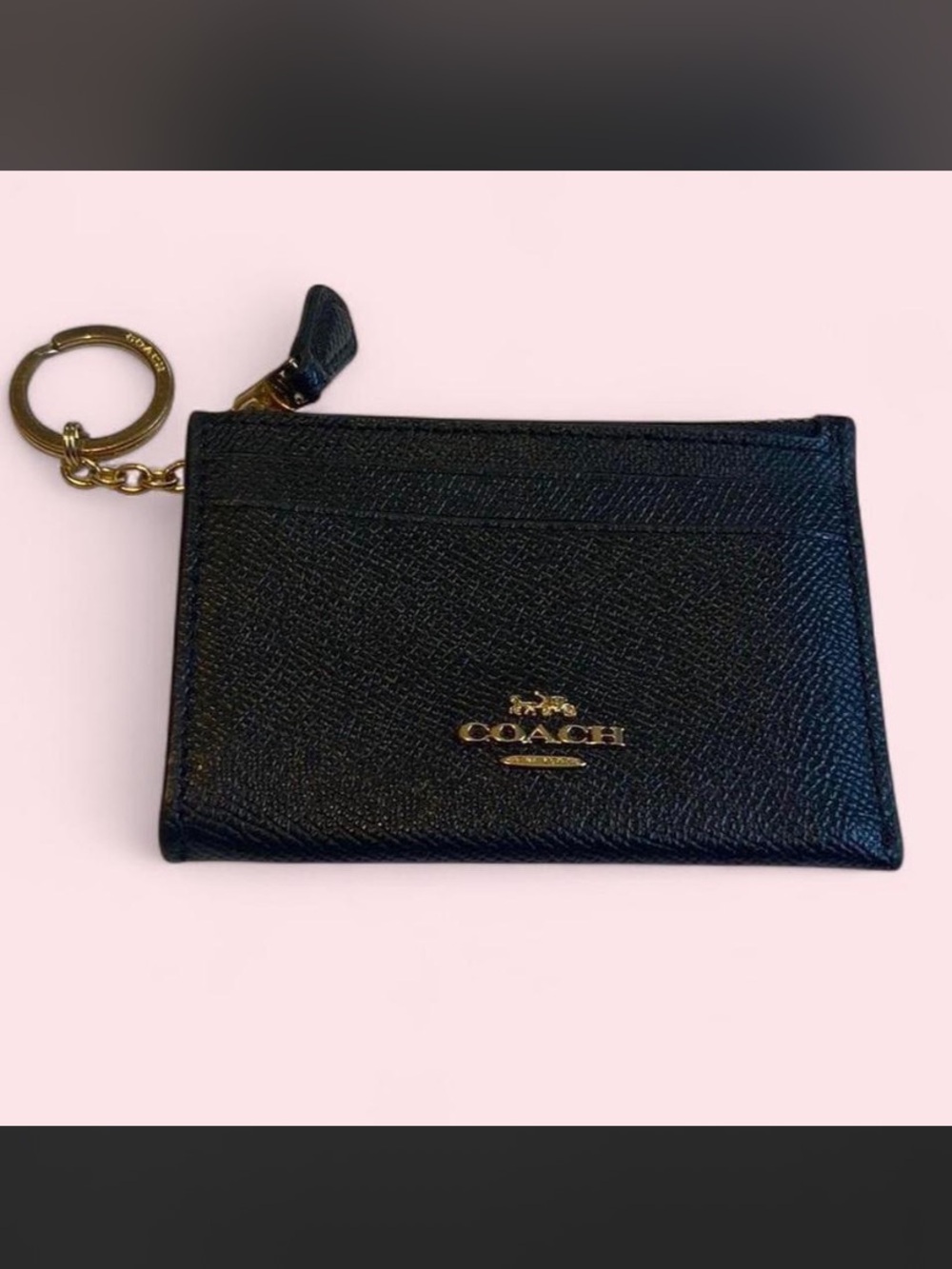 COACH Black Leather Card Case with Gold Key Ring